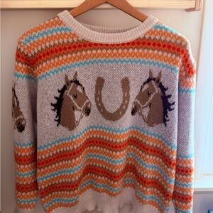 Beautiful Detailed Horse Pattern Western Sweater with Multicolor Stripes